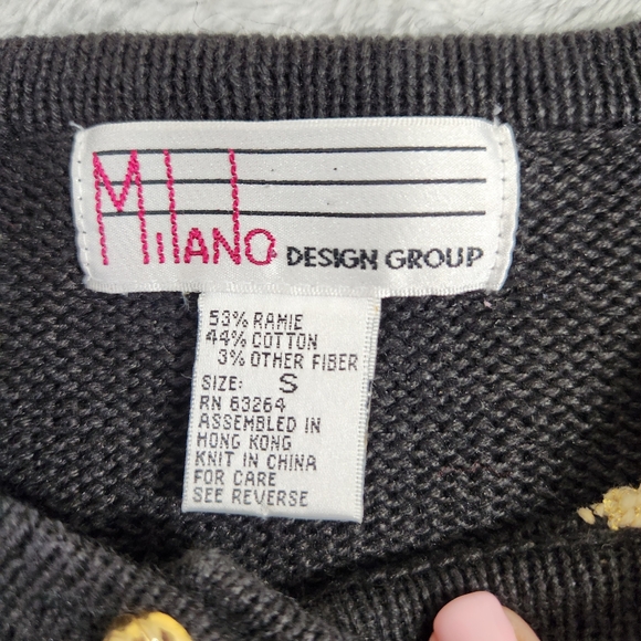 vtg milano DG 80s button up cardigan sweater blk gold houndstooth shldr pads sm - Picture 5 of 9